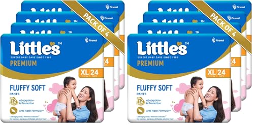 Image of Little's Premium Baby Diapers XL Size (Extra Large) Pants Style | 12-17 kg | 96 Count | FluffySoft Baby Diaper with Leakage Guard, Wetness Indicator & 12 Hours Absorption | (24 Count, Pack of 8)