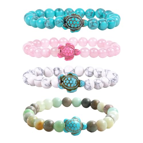 4 - Piece Sea Turtle Set: Elastic lava stone bracelets/anklets, with sea turtle bracelet for all.