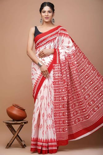 Image of Hand Block Printed Cotton Mulmul Saree | Soft Lightweight Summer Saree | Pure Cotton Traditional Indian Saree for Women