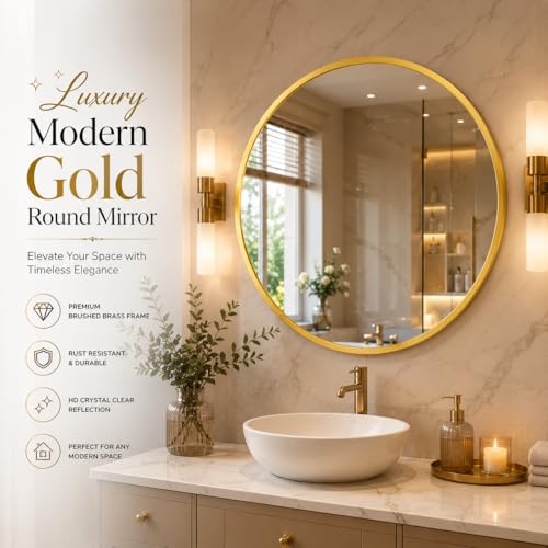 Image of The Arts Box 24 Inch Gold Round Mirror for Bathroom, Entryway & Vanity - Modern Wall Mounted Circle Mirror with Brushed Brass Metal Frame for Living Room, Bedroom, Wash Basin & Home Decor