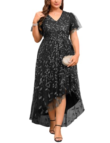 ZOMVA Plus Size 0X-4X Sequin Embroidery Formal Long Dress Glitter Side Slit A Line Dresses Prom Wedding Evening Gown