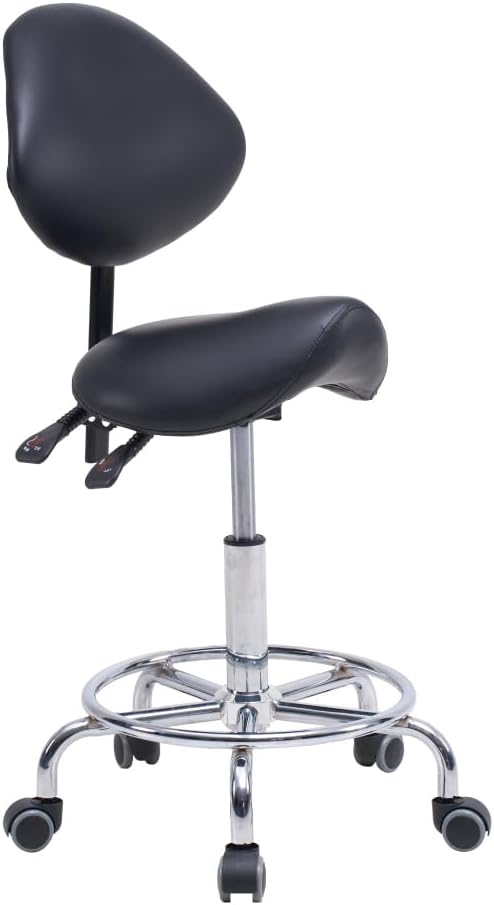 Saiveina Saddle Stool Chair with Backrest Swivel Hydraulic Ergonomic Tilt Seat Chair with Wheels Footrest for Medical Hospital Clinic Dental-Black
