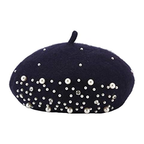 Dosige Women French Beret Solid Color Classic Retro Beret Autumn Winter Artist Hat Winter Warm Bonnet Woman Accessories Woman Hat Pearl Rhinestone Beret Navy Cover