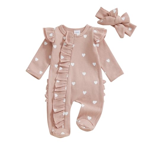 Image of Xiaodriceee Newborn Baby Girl Valentines Outfit Ruffle Heart Print Romper Waffle Jumpsuit Coming Home Outfit