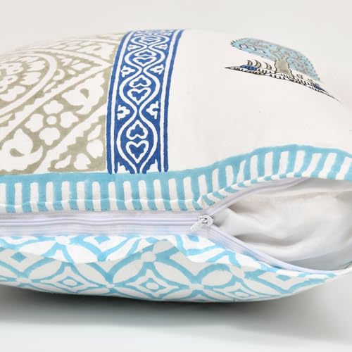 Image of BLOCKS OF INDIA Hand Block Printed Cotton,300 TC Cushion Cover (16 X 16 Inches) (Cushion 6), Blue