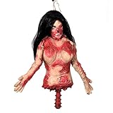 Spare no effort+ Bloody Female Half Body with Long Hair Scary Halloween Decoration Hanging Corpse Torso Realistic Rotten Dead Body Parts Haunted House Party Props Indoor Outdoor Decor
