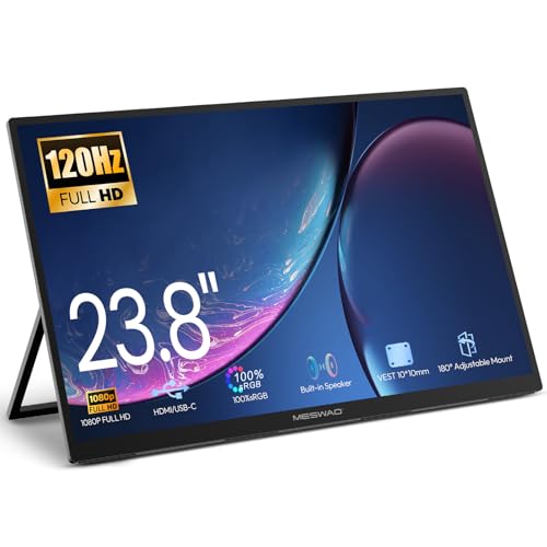 Image of MESWAO 24 Inch Portable Monitor 120Hz FHD IPS Laptop Screen Extender, Large Travel Monitor with NO-Tipping 180 Stand & VESA, HDMI USB-C Second Screen for MacBook PC Home Office Gaming