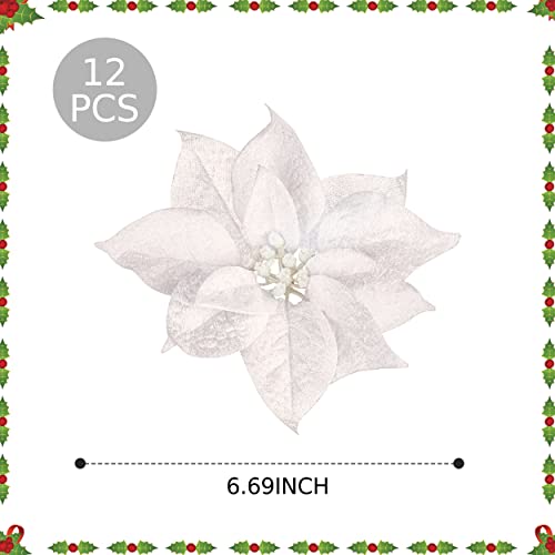 Moonet 12 Pcs Christmas Tree Decor Flowers Artificial Flannel Fabric Flowers With Clips Ornaments For Christmas Party Wedding, 6.69 Inch (White) #TOP1