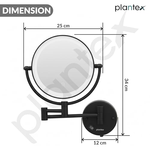 Image of Plantex Brass and 304 Stainless-Steel Magnifying Mirror with LED /Wall Mount Makeup Mirror with Light /Zoom Mirror- 5x /1x Magnification (8 Inch-Black)