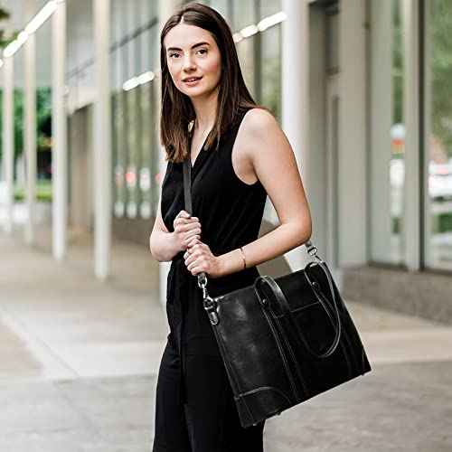 S-Zone Leather Tote Bag For Women Office Shoulder Handbag 15.6 Inch Work Laptop Briefcase (Black) #TOP5