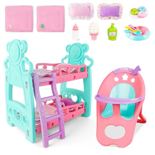 deAO Accesorios de Muñecas para Bebés, Trona, Almohadas, Edredones, Botellas de Agua, Cubiertos, Muebles para Casas de Muñecas, Cumpleaños