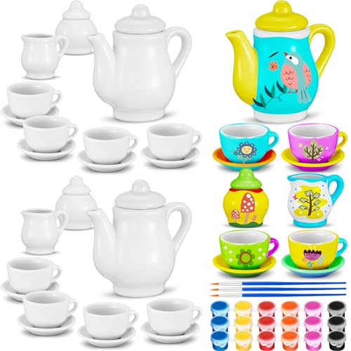 PullCrease 45 Pcs Spring Paint Your Own Tea Kit Craft DIY Tea Kit for Kids Ages 8+ Mini Ceramic Tea Cups to Paint Including Porcelain Dishes Brush for Party Girls Boys Set(Cute Style)