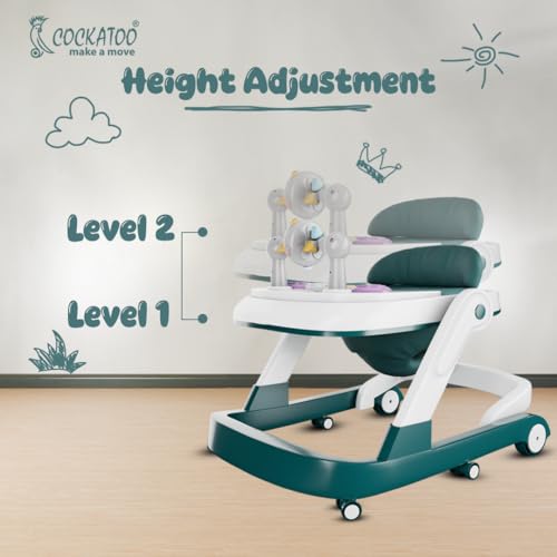 Image of Cockatoo FirstMove 3-in-1 Baby Walker - Adjustable Height (3 levels), Rocker, Push and Activity Walker with Musical Toy Tray & Light, 6 Lockable Wheels, Foldable, Safe for 6-18 Months, Up to 15 kg, Dark Green