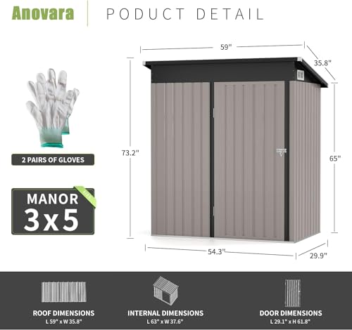 Anovara Outdoor Storage Shed Garden Metal Shed 155(L) X 87(W) X 180(H) cm 2300L Shed with Lockable Door for Storage Garden Tools, Bicycles, Patio Cushions (5x3 FT)