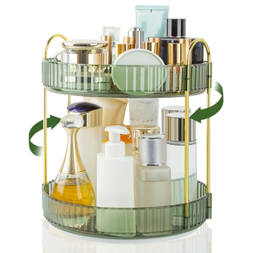 Boxalls Make up Organiser 360° Rotating, 2 Tier Large Capacity Bathroom Organizer, Cosmetics Vanity Storage, Dressing Table Organiser, Skincare Spinning Carousel for Skincare Perfume (2 Tiers, Green)