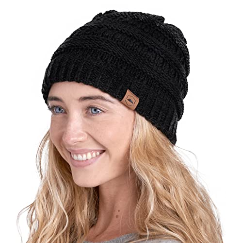 Tough Headwear Womens Beanie Winter Hat - Warm & Chunky Cable Knit Hats - Soft Stretch, Thick & Cute Knitted Stocking Caps for Cold Weather - Stylish & Trendy Snow & Ski Beanies for Ladies Black