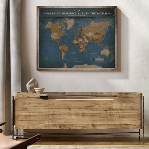 Image of DECORARTS - Modern Navy Blue World Map Canvas Wall Art, World Maps for Wall Decor, Hand-Stretched Giclee Print, Living Room Dining Office Home Decor, Ready to Hang, Handcrafted in USA, 30x24''