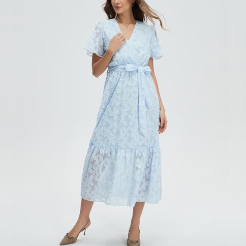 Image of Women's Summer Bohemian Floral Chiffon Dress Cap Sleeve V Neck Ruffle Long Flowy Boho Casual Vacation Dresses