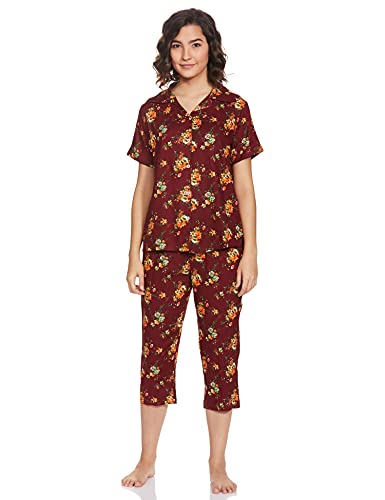 Image of Longies Women's Rayon Pyjama Night Suit Pajama Set (LCHSV001 Red011 M)