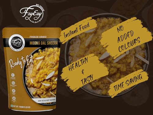 Image of FzyEzy Freeze-Dried Moong Dal Sheera | Instant Gourmet Delight Traditional Indian Dessert | Ready-to-Eat | Instant Meal | Indian Cuisine | Delicious & Convenient Snack or Dessert | 150gm