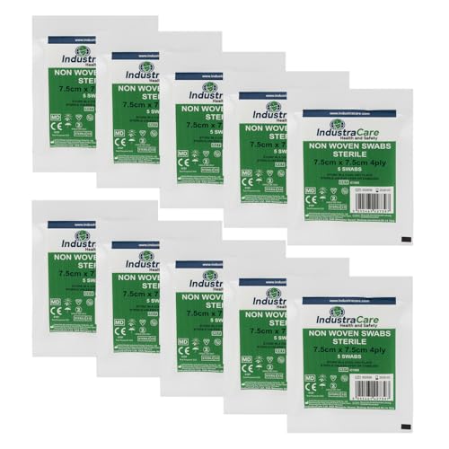 IndustraCare Premium Sterile 4ply Medical First Aid Gauze Swabs 7.5cm x 7.5cm - 10 Packs of 5 (50 Swabs)