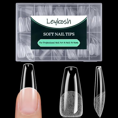 LEYKOSH Long Coffin Nail Tips, 216 Pcs Clear Gel Fake Nails, 12 Sizes
