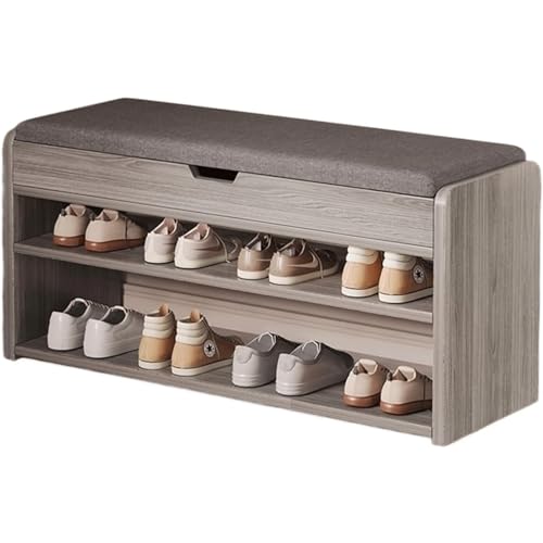 Banco de zapatos vintage de granja con zapatero de madera de 2 niveles, banco de almacenamiento con tapa abatible, cojín acolchado, taburete de entrada