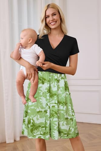 Image of OUGES Maternity Nursing Dress Breastfeeding Short Sleeve V Neck Casual Pregnancy Clothes with Pockets