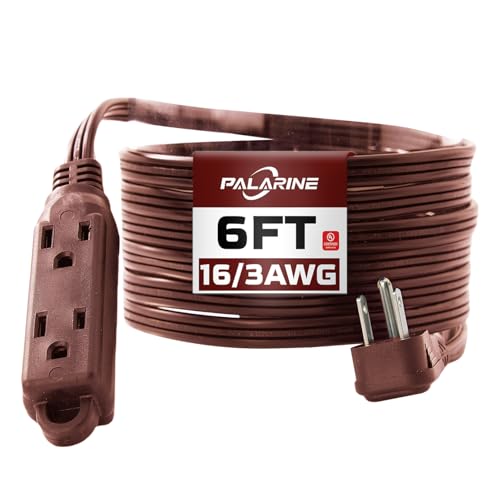 PALARINE Flat Plug Extension Cord with 3 Outlets Extender Flat Plug Power Strip Indoor Extension Cord 16 Gauge 6FT Brown 3 Prong 16/3 SPT-3 13A UL Certified