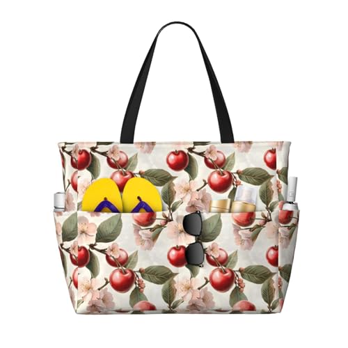 Large Beach Bags for Women Sandproof - Pink Flower Cherry Print Summer Travel Work Tote Bags with Zipper