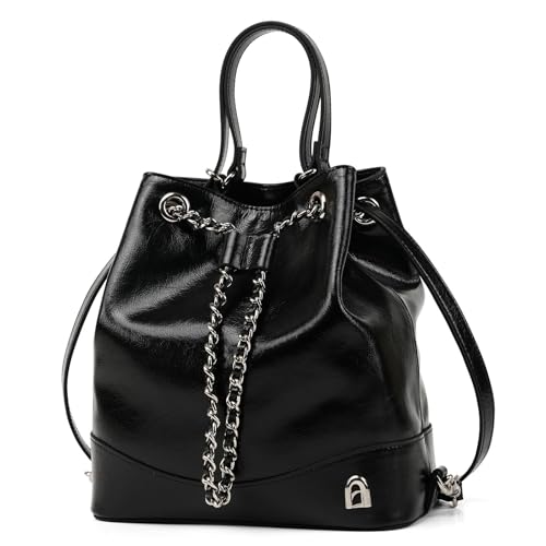 LA FESTIN Leather Purses for Women Cute Backpack Lightweight Shoulder Small Trendy Bucket Handbags with Strap Silver Chain (Black)
