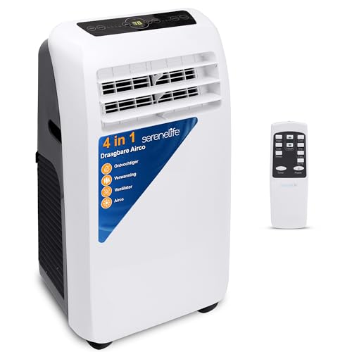 Serenelife Mobiele Airconditioner, Draagbare 4-in-1 Airconditioner met Ingebouwde Ontvochtigerfunctie, Mobiele Airco met Ventilatorstand, Afstandsbediening, Compleet Raammontage Uitlaatkit, Wit