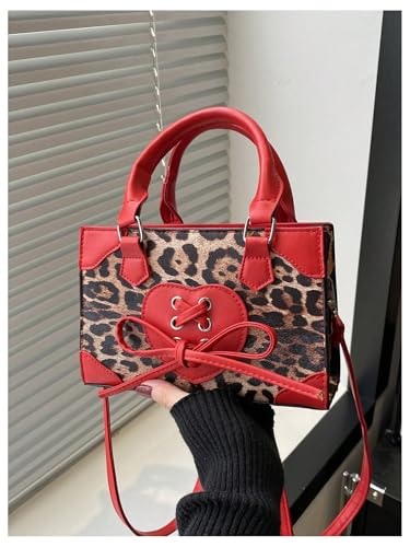 Image of RoseSeek Women's Y2K Leopard Print Lace Up Satchel Handbag Zipper Double Handle Mini Shoulder Bag