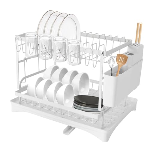 Desnysmf Bandeja de goteo de 2 niveles, escurreplatos de encimera, 2 niveles con depósito de agua, para hogares, tiendas de leche, bares, cafeterías, 42 x 30 x 29 cm, color blanco