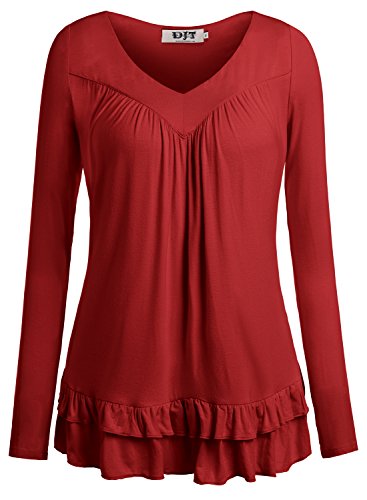 DJT Women's V Neck Long Sleeve Ruched Front T Shirt Blouse Top X-Large Wine