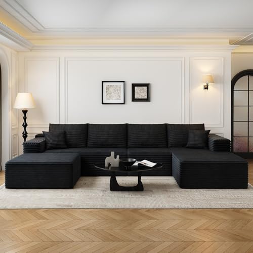 Image of 135.4 inchCloud Modular Sectional Couch with 1 Ottoman,Modern Minimalist Upholstered Couches, Comfort U Shaped Sofa for Living Room,Deep Seat Corner Couch,No Assembly Required (Black,Right Facing Chaise)