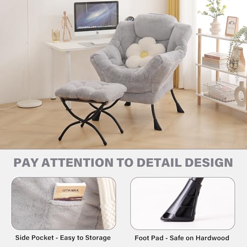Image of Tiita Lazy Chair with Ottoman, Light Grey Modern Large Accent Armchair, Comfy Leisure Sofa Reading Chair with Footrest for Bedroom, Living Room, Dorm Rooms, Garden, Plush Light Grey
