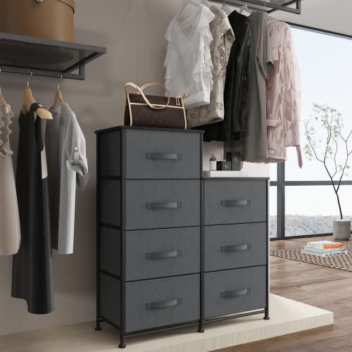 Sehloran Double Drawer Dresser For Bedroom With 7 Drawers, Tall Dessers Storage Tower, Chests Of Drawers, Removable Fabric Bins, Dresser Organizers Unit For Closets, Hallway, Entryway, Wood Top, Gray #TOP5