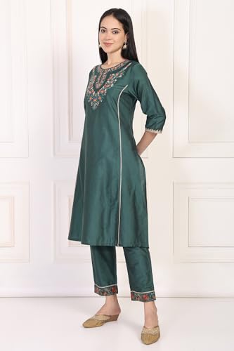 Image of W for Woman Embroidered Floral Zari Work A-Line Silk Blend Kurta with Straight Pant and Dupatta Set
