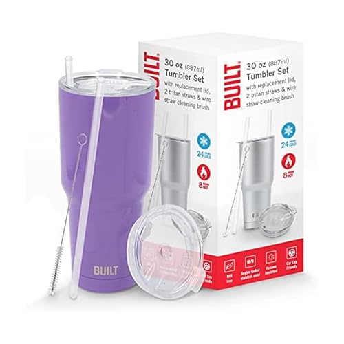 BUILT 30 oz Stainless Steel Tumbler Set, Double Wall Insulated, Includes Replacement Lid, 2 Tritan Straws, And Wire Straw Cleaning Brush, Leak Resistant, Cup Holder Friendly, Amethyst