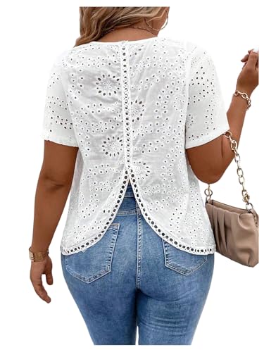 SweatyRocks Women's Plus Size Short Sleeve Split Back Eyelet Boho Casual Shirt Top Blouse
