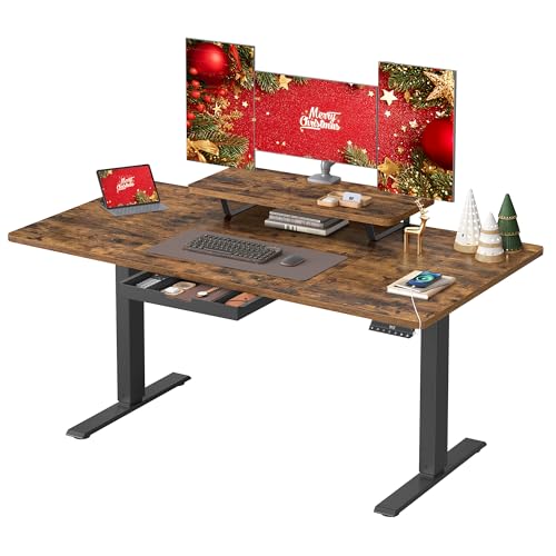VASAGLE Scrivania Regolabile Elettricamente in Altezza, 140 x 70 cm, per Lavoro in Piedie, Supporto Monitor, Cassetto, Porta USB-C, Promemoria Sedentarietà, per Ufficio, Marrone Vintage LSD154KD01