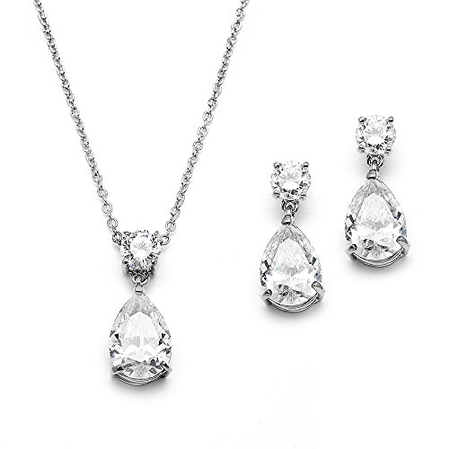 Mariell Glamorous Pear-Shaped Cubic Zirconia Wedding Necklace and Earrings Set for Brides or Bridesmaids