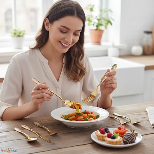 Image of Floral Gold 5 Pcs Stainless Steel Cutlery Set for Dining Table, Dishwasher Safe Glossy Flatware (1 Spoon Set+1 Forks Set+1 Butter Knife+1 Dessert Spoon+ 1 FruitFork)