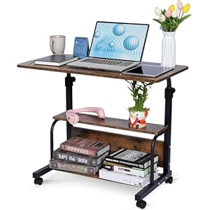 Portable Rolling Desk on Wheels Small Standing Desk Adjustable Height Desks with Wheels for Small Spaces, 32″ Computer Desks with Storage Shelves for Home Office Study Rustic