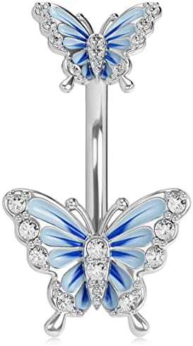 OUFER 14G Belly Bar Belly Button Bar Piercings Jewellery Surgical Steel Blue Butterfly CZ Navel Rings 10mm Silver Barbell for Women Gift