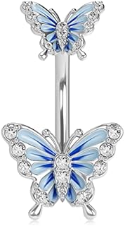 OUFER 14G Belly Bar Belly Button Bar Piercings Jewellery Surgical Steel Blue Butterfly CZ Navel Rings 10mm Silver Barbell for Women Gift