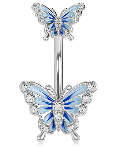 OUFER 14G Schmetterling Bauchnabelpiercing Chirurgenstahl 10 mm Stablänge Piercing Bauchnabel Bananabells CZ Nabelpiercing Reverse Silber Blue Frauen Männer