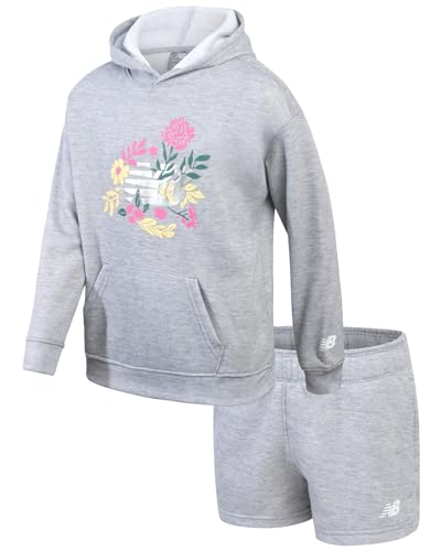 Image of New Balance Girls' Active Shorts Set - Fleece Hoodie Sweatshirt and Sweat Shorts - Cute Spring Outfit Set for Girls (7-12)