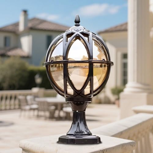 IBalody Outdoor Post Light Fixture Retro Amber Glass Ball Pillar Lights Waterproof Die-cast Aluminum Column Lamp Villa Courtyard Garden Park Doorpost Light Fence Light Landscape Lighting